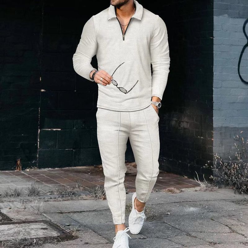 Men's Clothing texture suit long-sleeved polo suit sports pants fashion casual half zipper stand collar suit_autovado.com