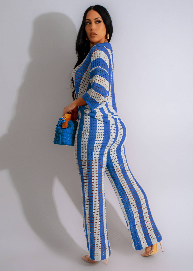 Women's Clothing sexy ladies V-neck hollow striped lapel knitted wide pants suit_autovado.com