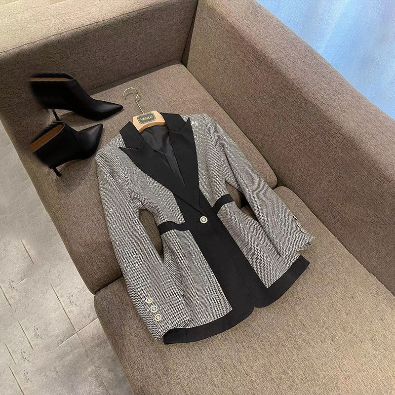 Women's Clothing large size women's plaid color matching suit women's spring new style temperament slim high waist flared pants_autovado.com