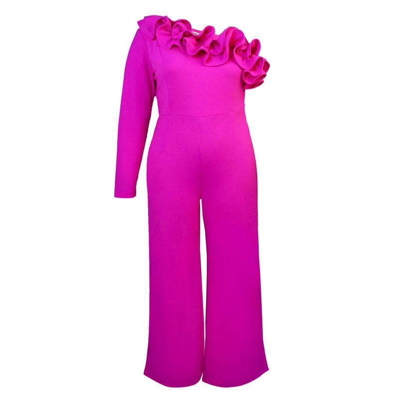 Women's oblique collar ruffle jumpsuit Commuter style high waist casual tights Jumpsuit_autovado.com