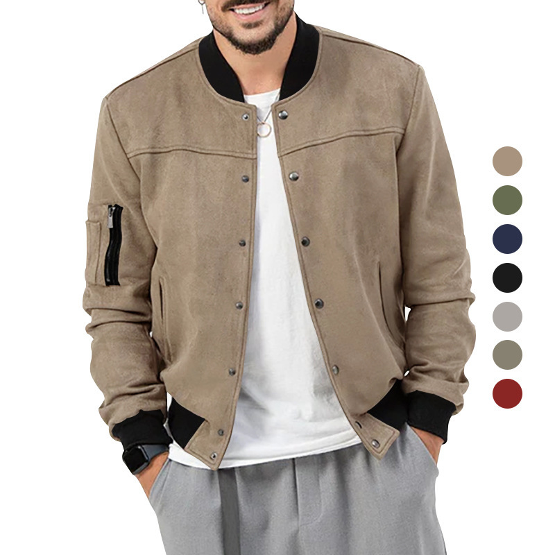 Man's clothing Suede stand collar men's button-up cardigan jacket casual trendy coat for men_autovado.com