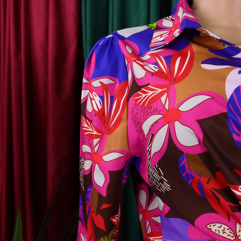 Women's Fashion Print Two-piece Suit Lapel Tie Shirt Wide Leg Pants Suit_autovado.com