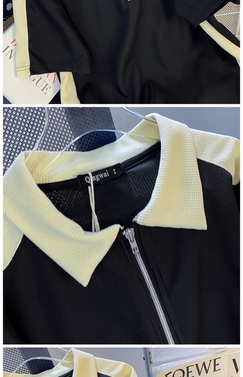 Men's Clothing Waffle sports suit summer men's clothing color matching lapel short sleeved T shirt set with handsome casual shorts_autovado.com