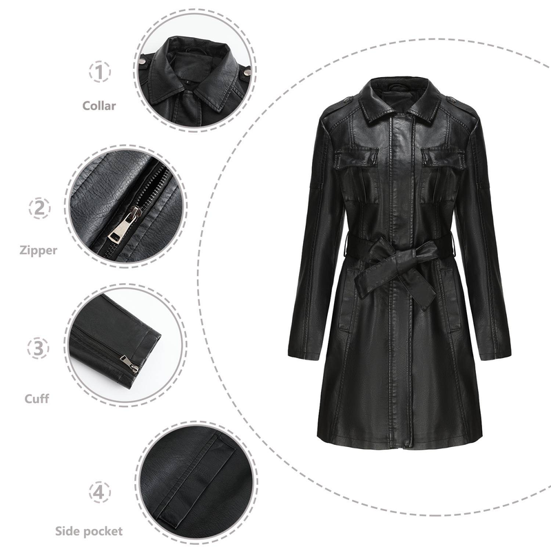 New mid-length leather coat with belt long-sleeved leather trench coat fashionable coat woman_autovado.com