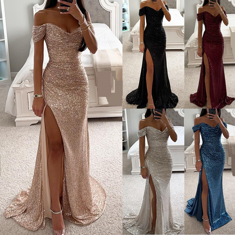 Women's Party Sequin Neckline Slit Dress INS Casual Fashion Dress_autovado.com