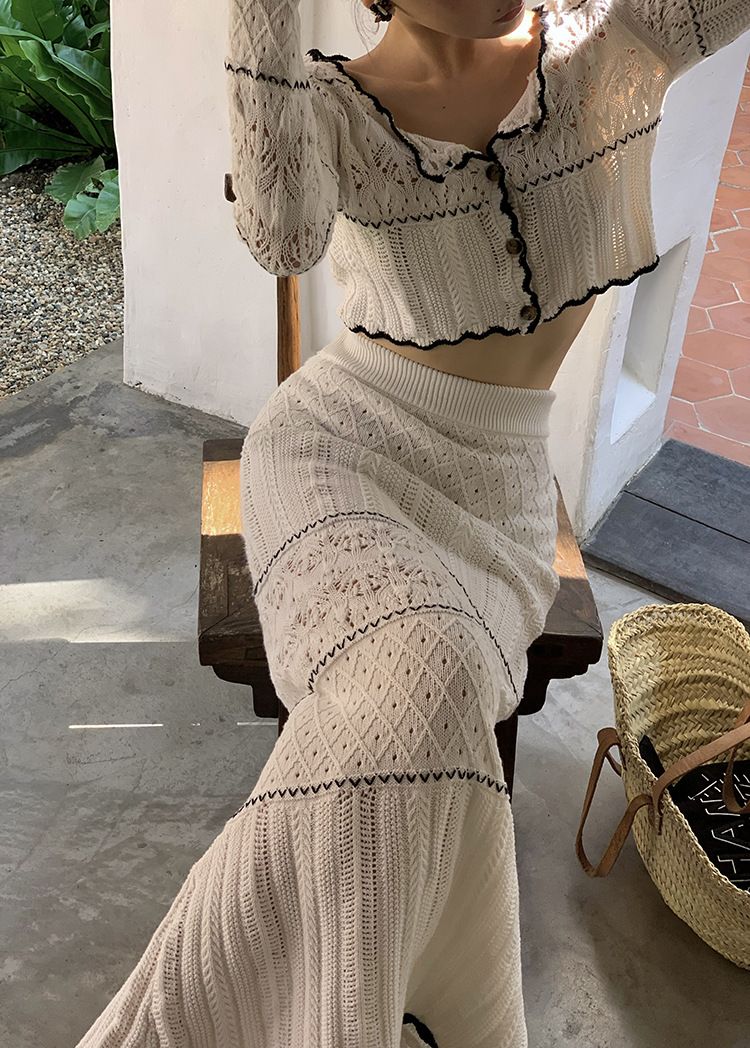 Women's Clothing hollow knitted top skirt two piece suit fashionable and age reducing temperament early spring wear a complete set_autovado.com