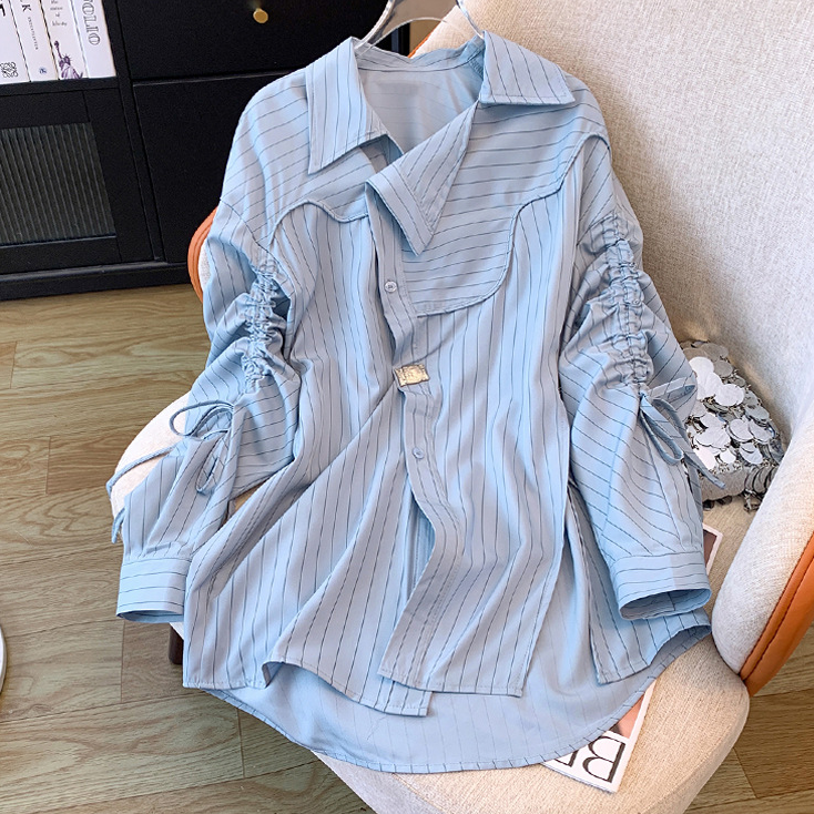 n mid-length striped blouse waist shirt slim chic top_autovado.com