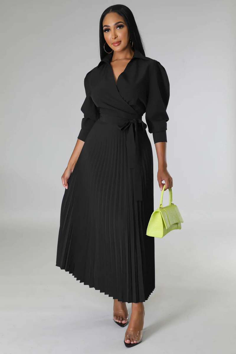 Long sleeved Polo collar high waist fashion casual pleated women's dress_autovado.com