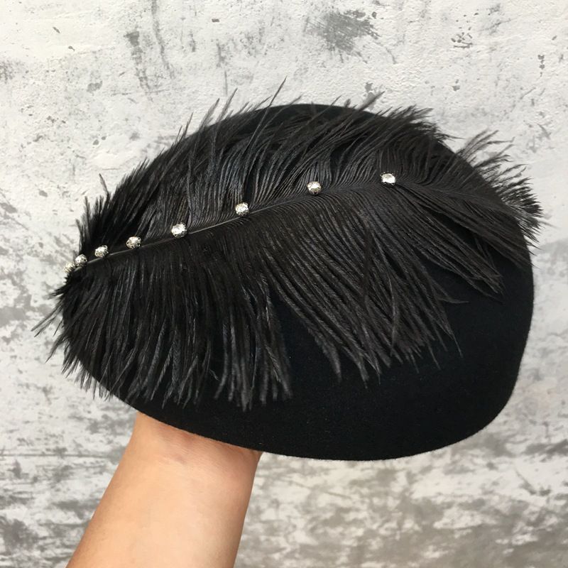 Hot Sale Women Vintage Beret Decorate Winter Ladies Fedoras Socialite Black Pearls Feather Wool Felt Fascinator Pillbox Tilt Hat_autovado.com