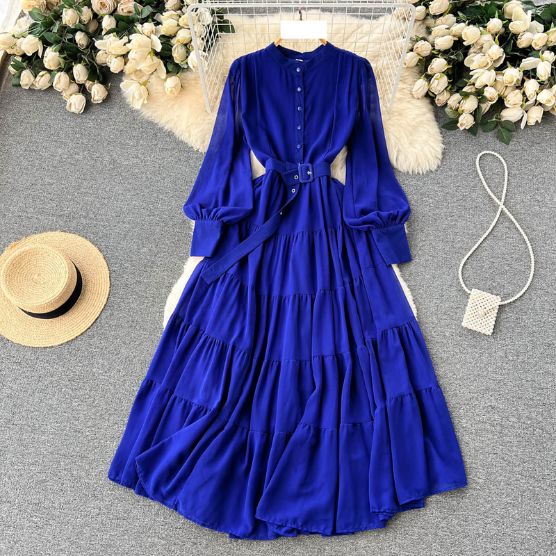 Women's V-neck Single Breasted Chiffon French Vintage Waist Slimming Big Swing A-line Long Skirt_autovado.com