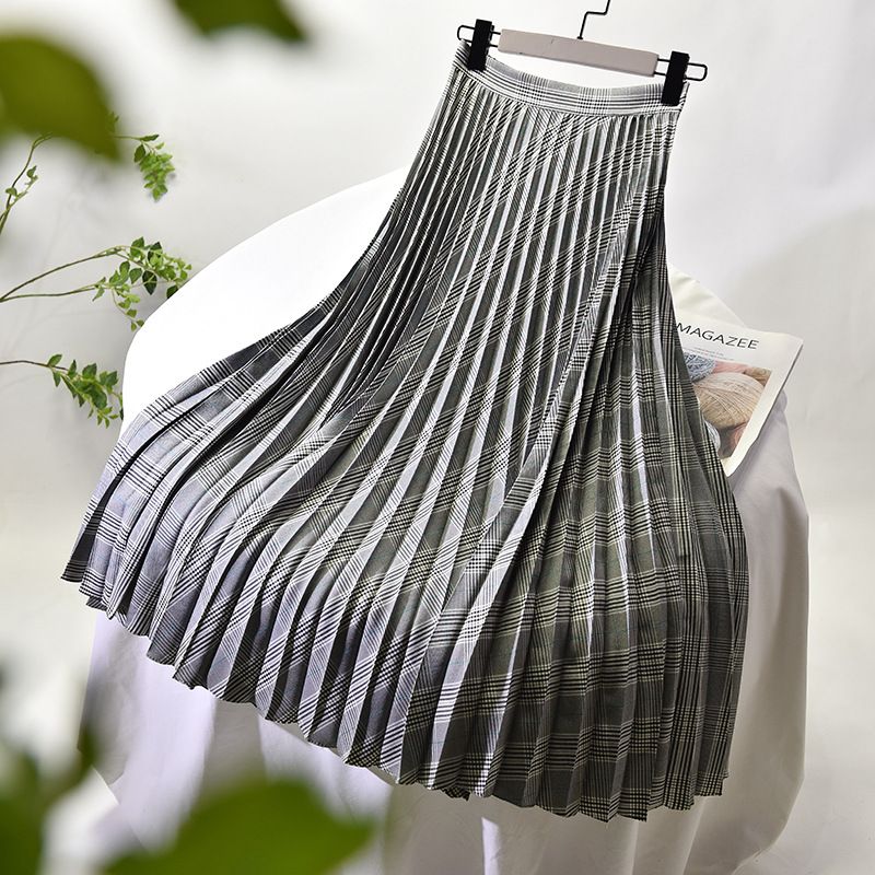 Women's Clothing Chic temperament slim plus size pleated skirt autumn and winter new high waist A line skirt women's medium and long_autovado.com
