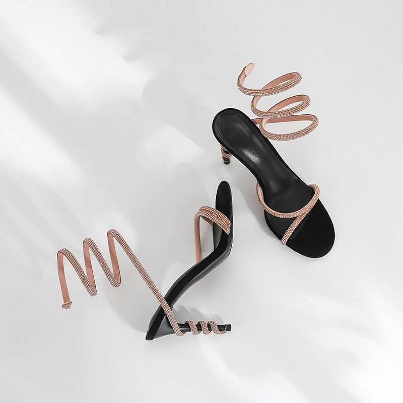 Women's fashion black gold open-toed serpentine loop sandals with fine heels and high heels_autovado.com