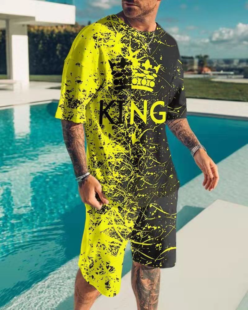 Men's Clothing 3D digital printing men's short sleeve beach pants suit trendy T-shirt shorts set_autovado.com