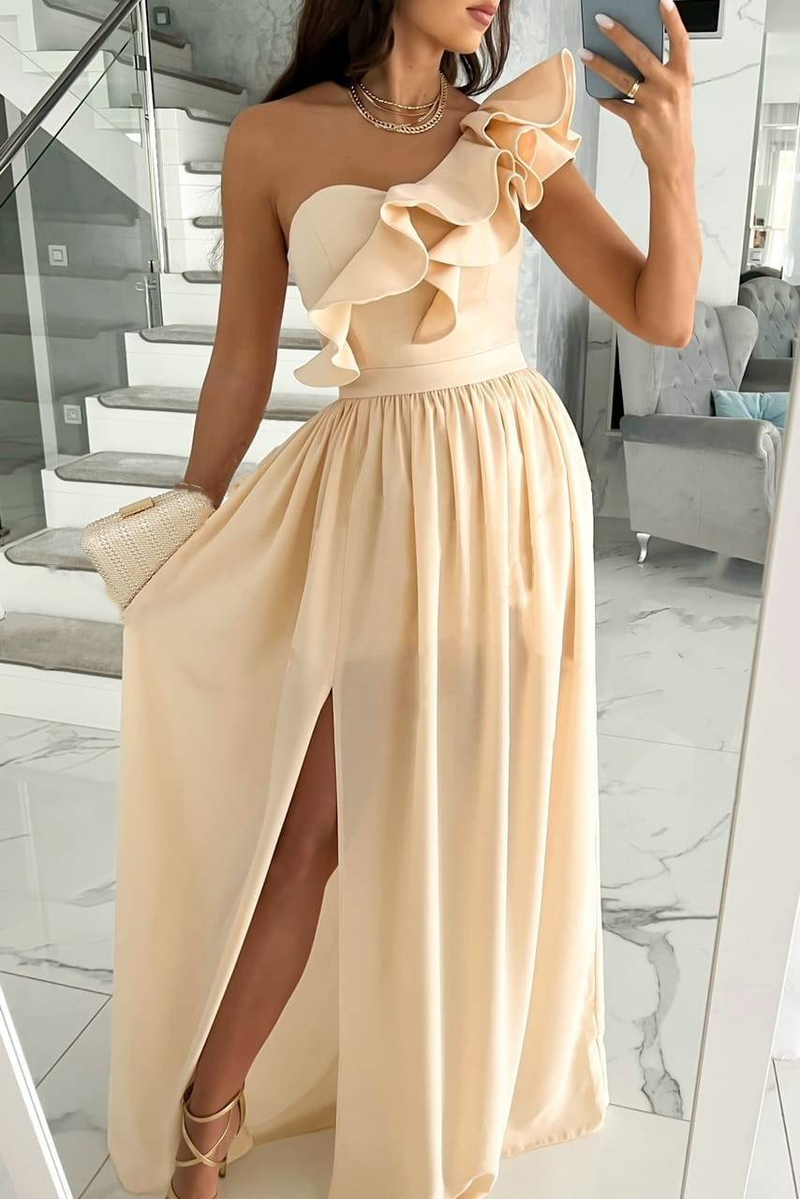 women's solid color oblique collar fashion mesh splicing high waist slit dress_autovado.com