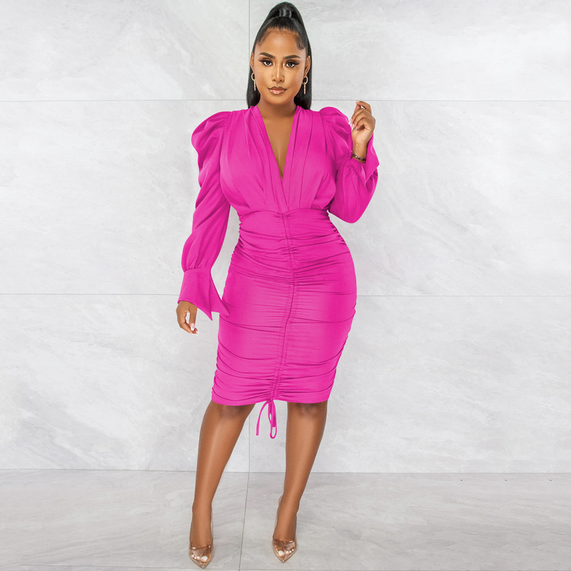 Women's Clothing fashion casual solid color long-sleeved pleated V-neck dress for women_autovado.com