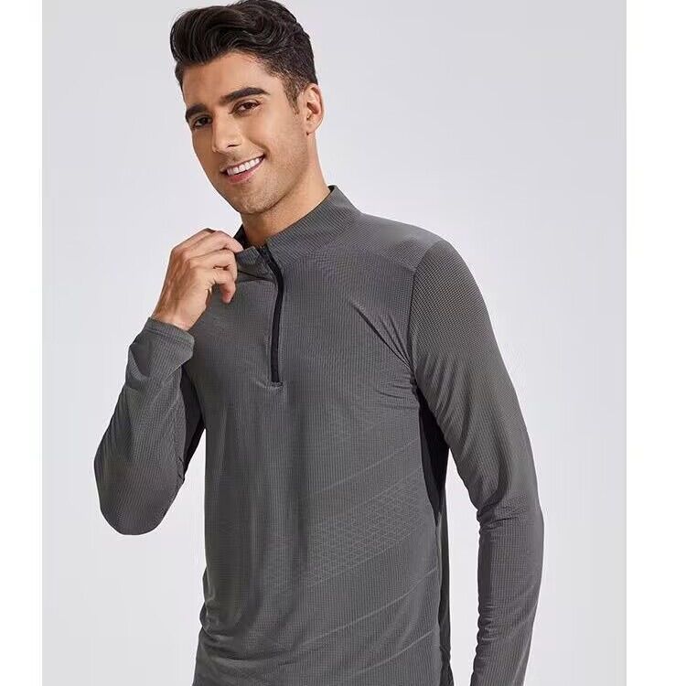 Men's Clothing Dark Pattern Quick-Drying Clothes Long-Sleeved T-Shirt Stand-Up Collar Polo Fitness Sports Running Breathable Tide_autovado.com