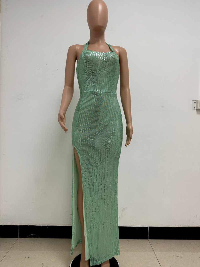 Women's slit sleeveless hot girl dress female halter neck backless sequin dress skirt_autovado.com