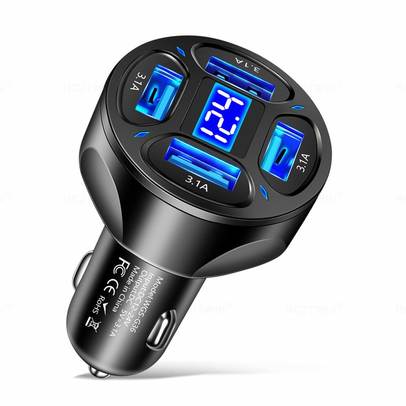 3.1A In Digital Display 4-Port Vehicle Charger With Voltage, One Pull Four Multi Port Car Charging_autovado.com