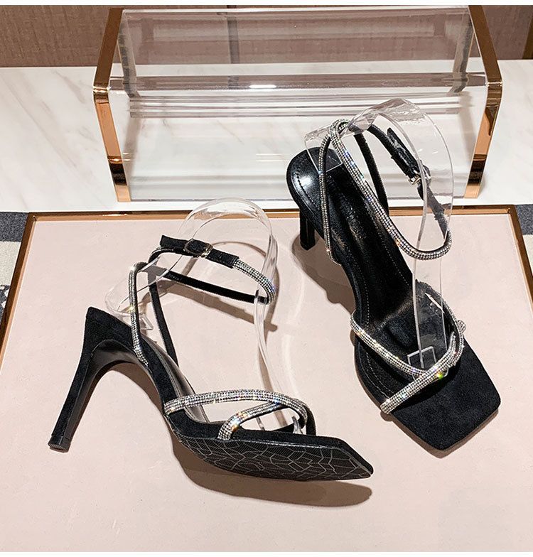 Women's fashion high sense 32-43 open toe square head silver rhinestones all French line with high heels sandals_autovado.com