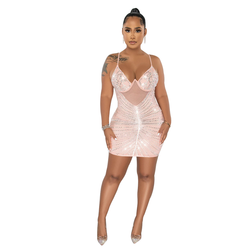 Women's hot diamond mesh suspender sleeveless short skirt dress_autovado.com