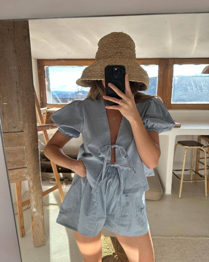 Women's Plaid Striped Elastic Cuffs Casual Fashion Tie Elastic Waist Shorts Set_autovado.com