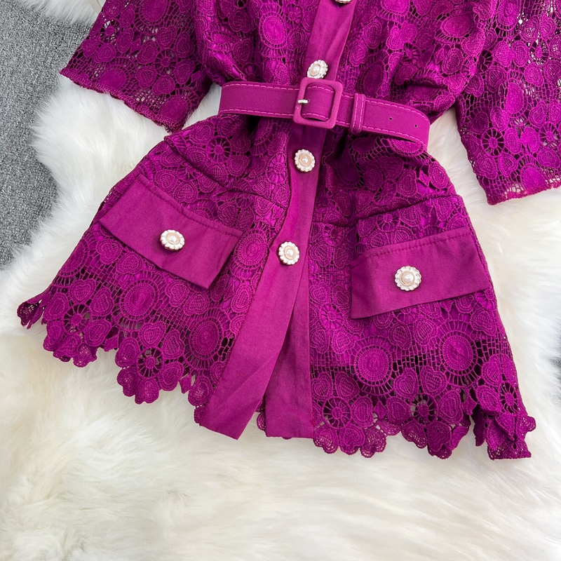 Women's fashion single breasted lace shirt two-piece set high waist a line pleated skirt_autovado.com