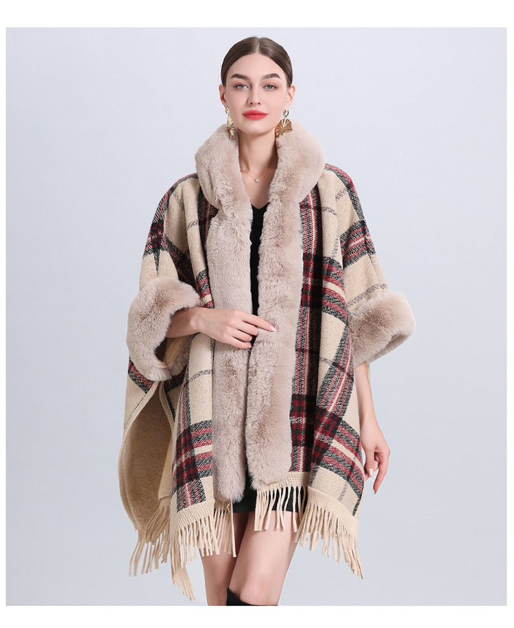 loose plaid plus velvet thick fur collar knitted shawl cape women's woolen shawl coat_autovado.com