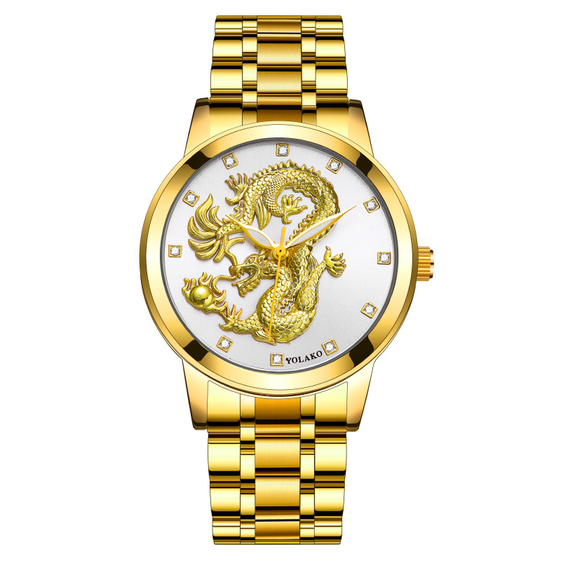 Men's Quartz Watch Men's Watch Diamond Yellow Gold Luminous Waterproof Steel Belt Relief Dragon Totem Watch_autovado.com