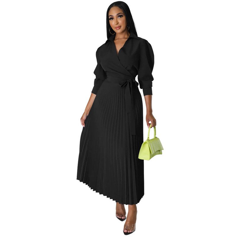 Long sleeved Polo collar high waist fashion casual pleated women's dress_autovado.com