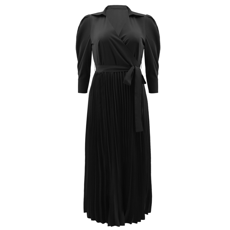 Long sleeved Polo collar high waist fashion casual pleated women's dress_autovado.com