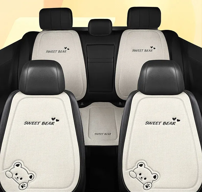 Fashion Linen Cartoon Bear Women's Cute Anti-slip Breathable Car Seat Protect Cushion Cover Universal_autovado.com