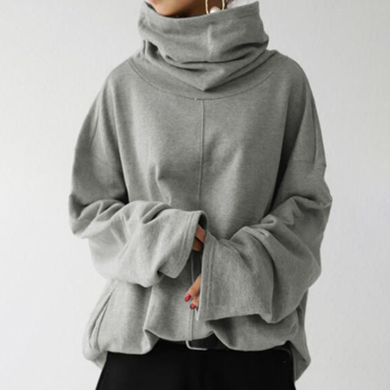 Women's Clothing Autumn and Winter Women's New Loose Casual Long Sleeve High Collar Pullover Solid Color Pocket Jacket Sweatshirt_autovado.com
