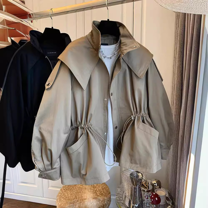 Women's casual drawstring waist tooling trench coat coat female spring and autumn short_autovado.com