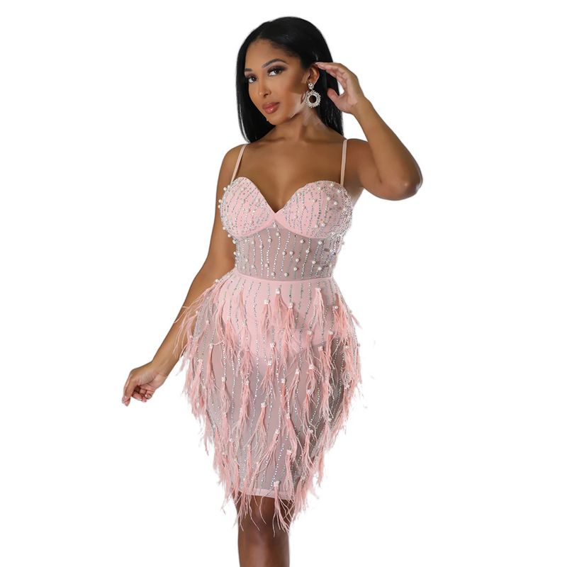 Women's Clothing sleeveless suspender hot diamond feather dress for women_autovado.com