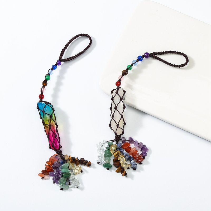 Natural Colorful Stone Car Hanging Crystal Gravel Tassel Dream Net Woven Pendant Car Indoor Yoga Ornaments_autovado.com