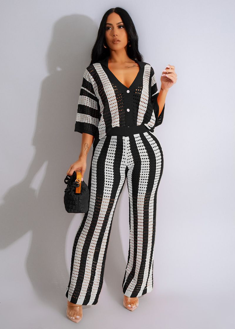 Women's Clothing sexy ladies V-neck hollow striped lapel knitted wide pants suit_autovado.com