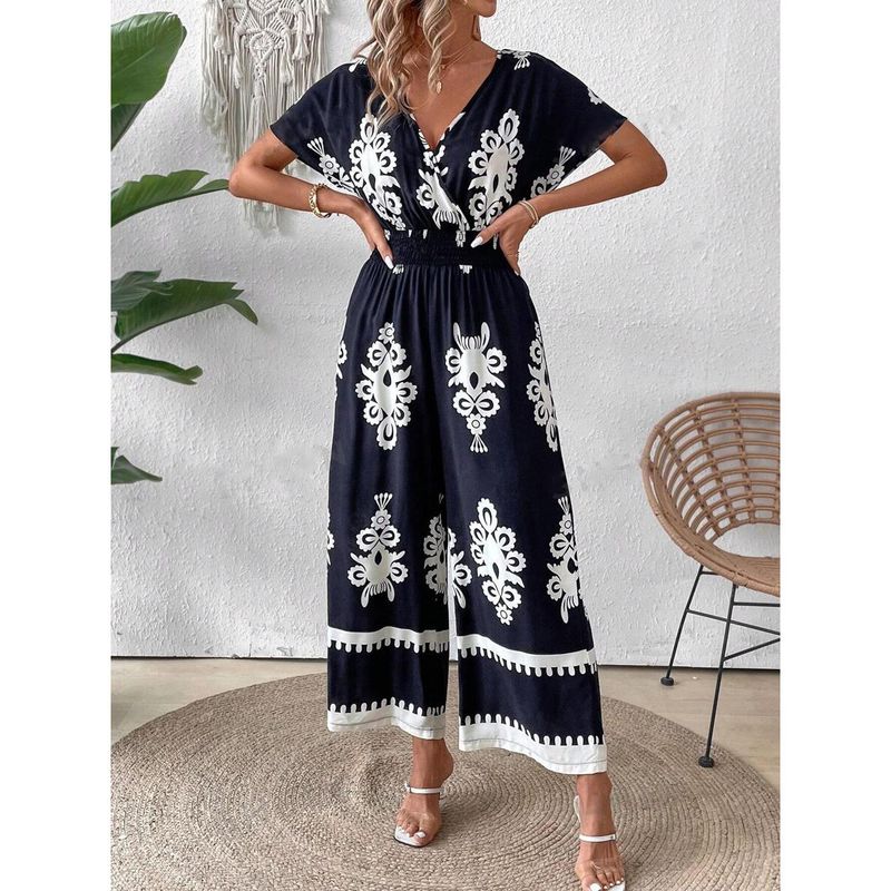 Women's V-neck bat sleeve waist jumpsuit_autovado.com
