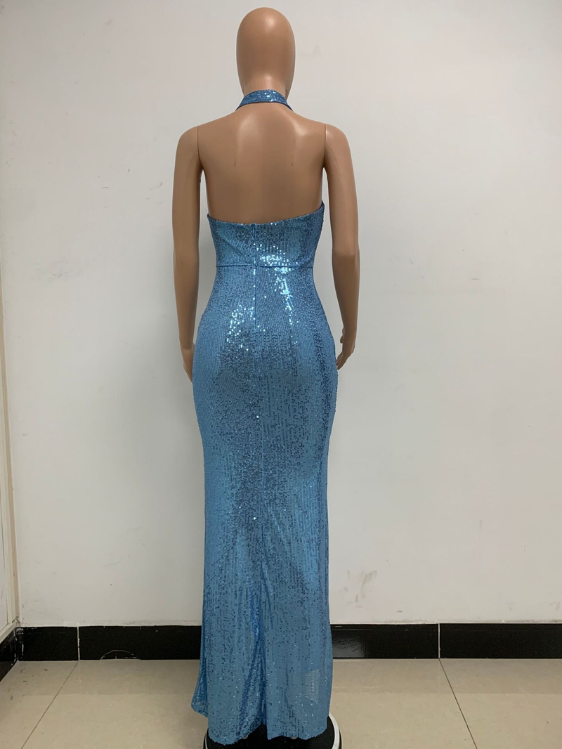 Women's slit sleeveless hot girl dress female halter neck backless sequin dress skirt_autovado.com