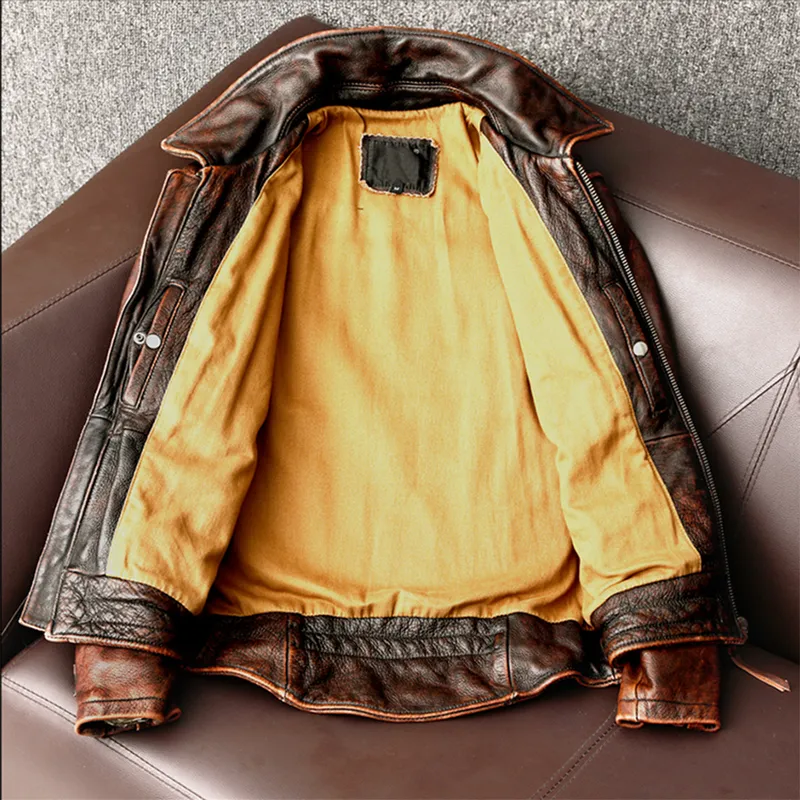 Men Genuine Leather Jacket Vintage Brown 100% Cowhide Coat Man Slim Fashion Biker Clothing Asian Size S6XL M697 Drop_autovado.com
