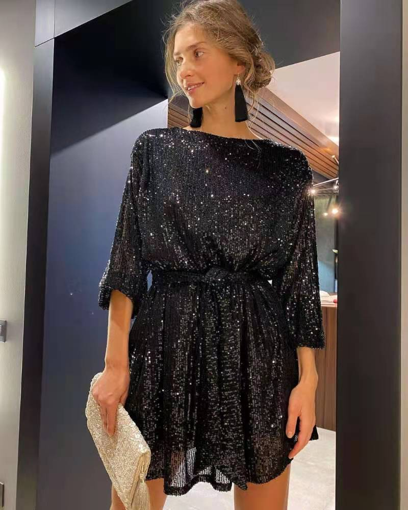 Women's Holiday Party Shiny Sequin Dress Little Dress Dress_autovado.com