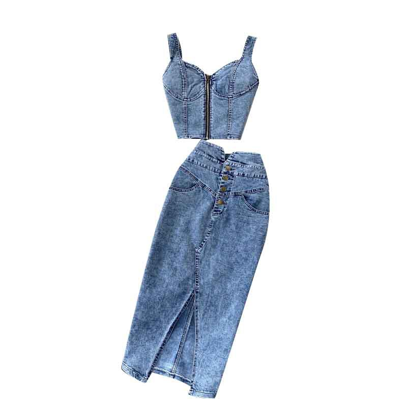 Women Sexy short camisole vest high waisted denim skirt_autovado.com