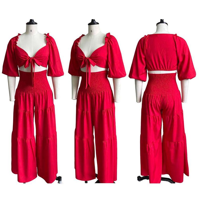 Women's Clothing women's summer fashion casual street suit pleated sexy solid color foreign trade two piece suit_autovado.com