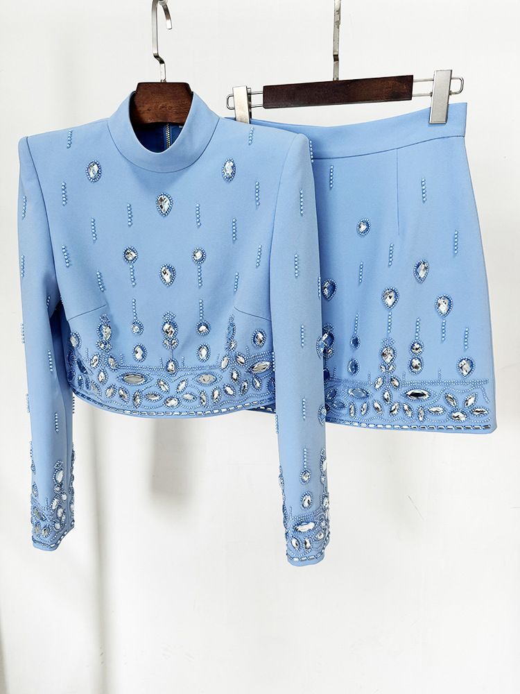 Women's Clothing celebrity fashion new heavy beaded diamond short top skirt suit two piece suit_autovado.com