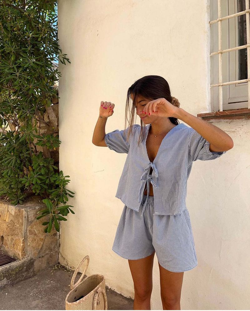 Women's Plaid Striped Elastic Cuffs Casual Fashion Tie Elastic Waist Shorts Set_autovado.com