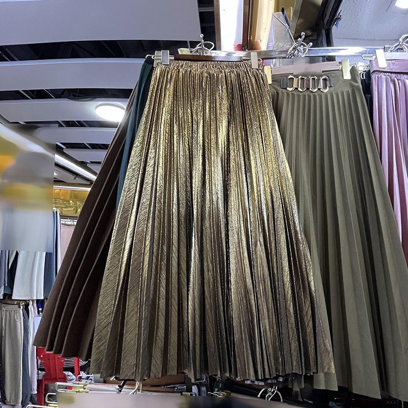 Women's Clothing autumn new high end metallic shiny silk pleated skirt high waist A line long skirt for women_autovado.com