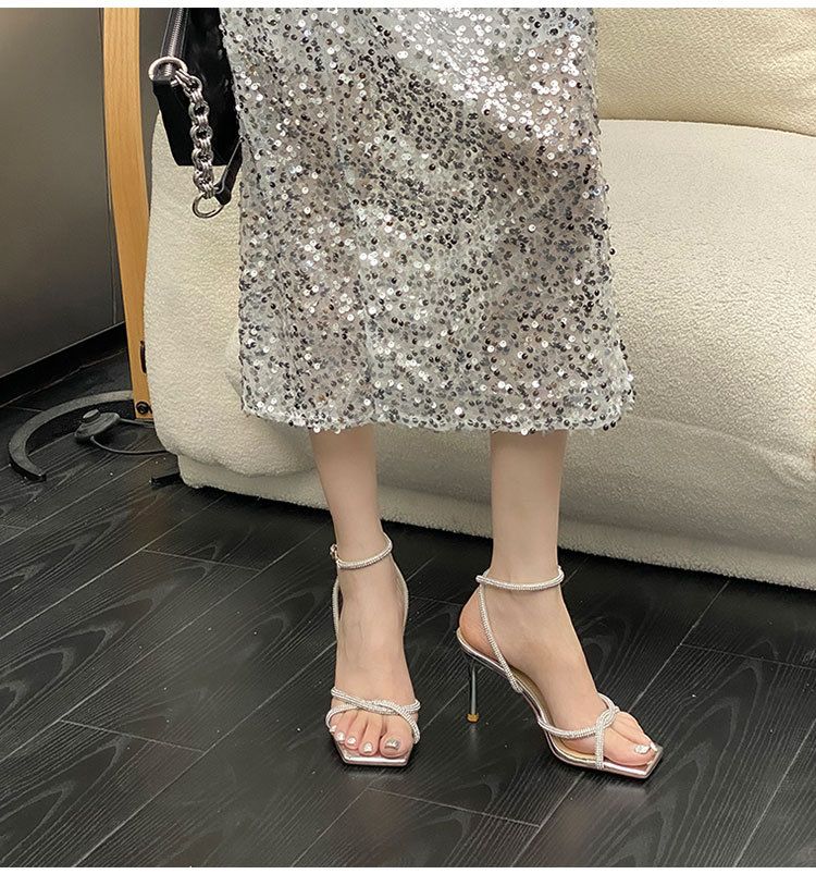 Women's fashion high sense 32-43 open toe square head silver rhinestones all French line with high heels sandals_autovado.com