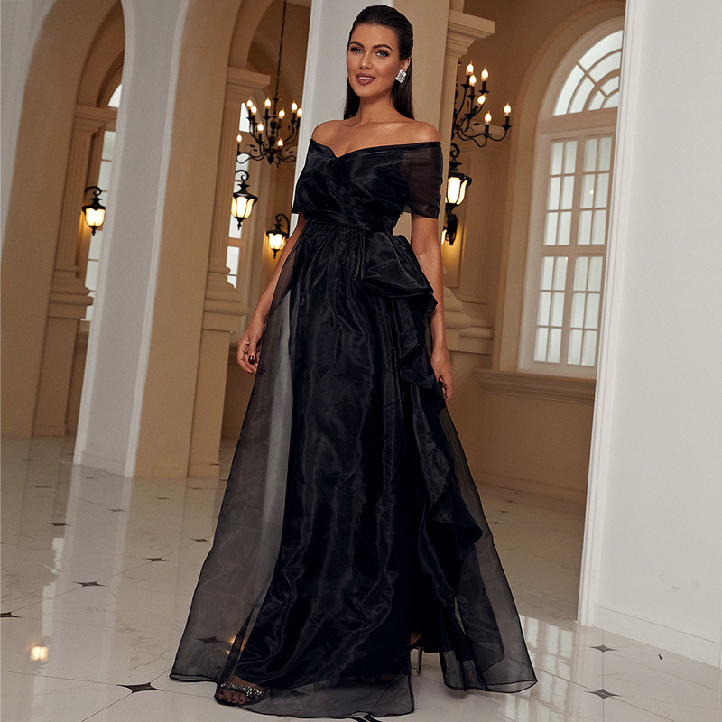 Women's Clothing Adult Black One-word Collar Low-cut Mesh Stitching Pprincess Temperament High-end Evening Dress_autovado.com
