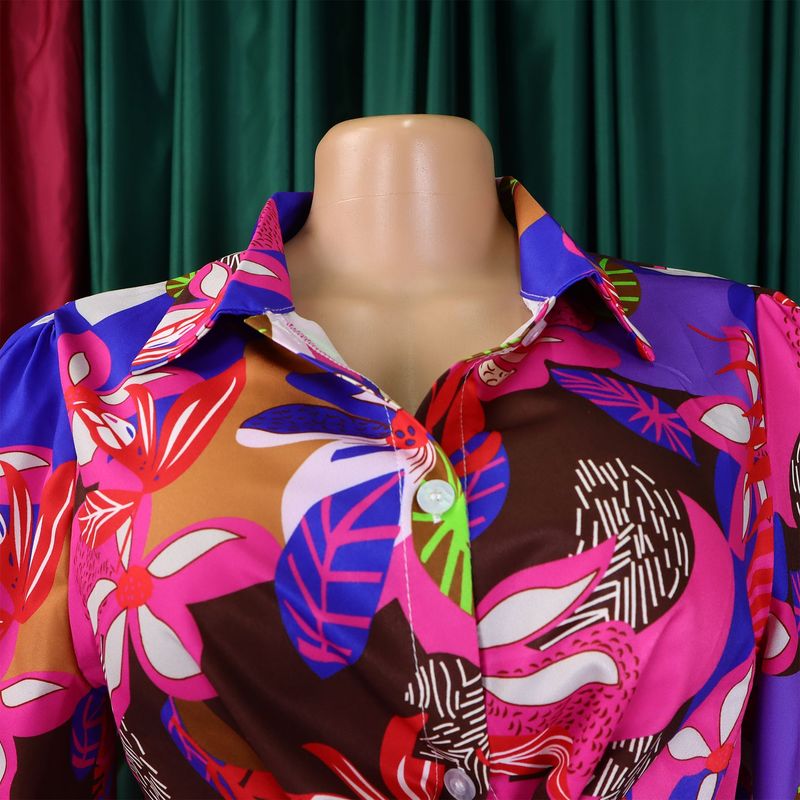 Women's Fashion Print Two-piece Suit Lapel Tie Shirt Wide Leg Pants Suit_autovado.com