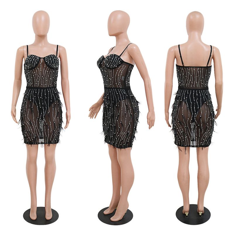Women's Clothing sleeveless suspender hot diamond feather dress for women_autovado.com