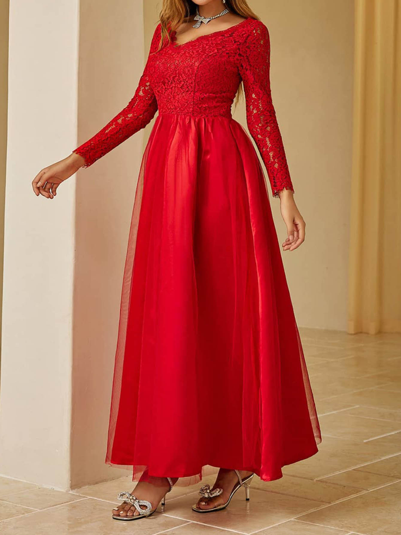 Women's new clothing mesh lace long sleeve wedding wedding dress red evening dress_autovado.com